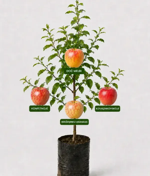 Family Apple Tree (Malus domestica) KONFETNOJE + DOČ MELBI + BERŽEŅINKU ANANASS + KOVAĻENKOVSKOJE 26/3