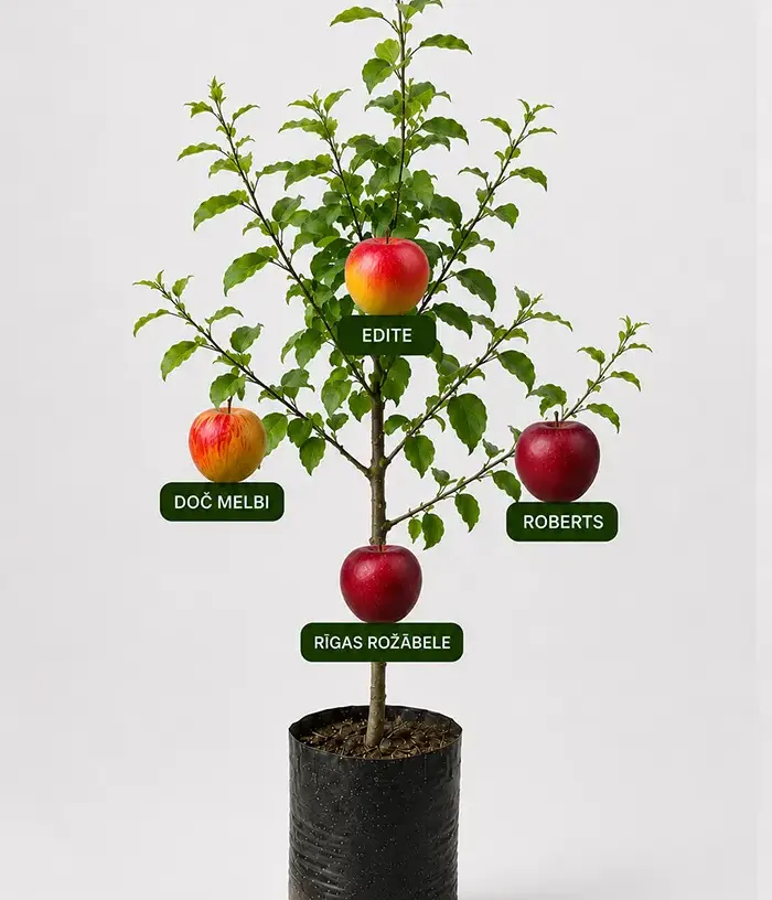 Familien-Apfelbaum (Malus domestica) ROBERTS + RĪGAS ROŽĀBELE + DOČ MELBI + EDĪTE - Tutifruti, s.r.o.